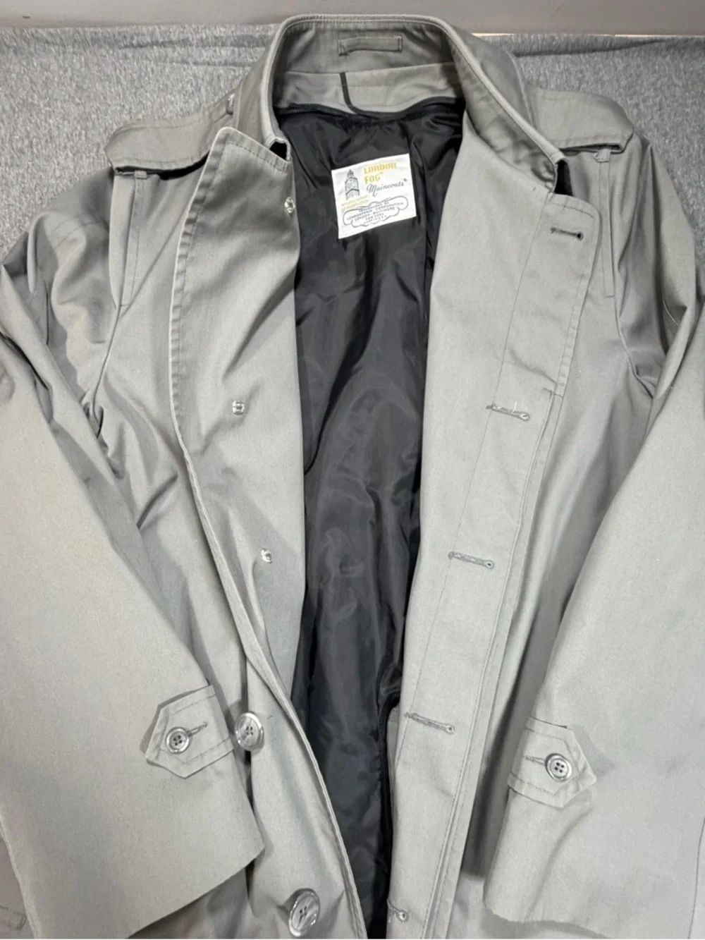 London Fog Maincoats 46 Long Trench Coat Removeable Inner Lining Gray Button - Picture 2 of 7